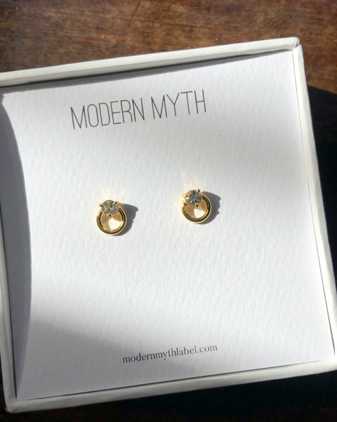 Circle & Stone Stud Earrings, Solid 14k Gold (5068225052716)
