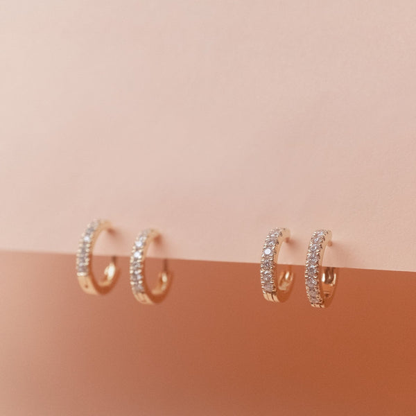 Diamond Huggie Hoop Earrings, Solid 14k Gold, Single / Pair