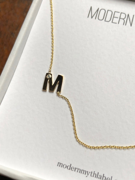 Slanted Initial with Diamond Necklace, Solid 18k Gold