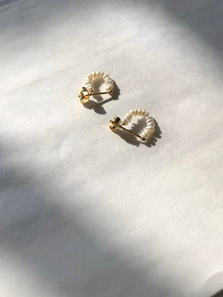 Sand Pearls Mini Hoop Earrings, Solid 14k Gold