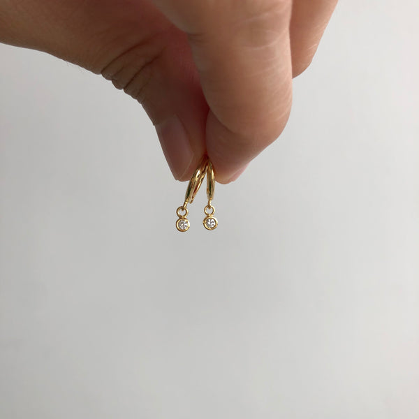 Small Hoop Earrings with Hanging Diamonds, Solid 14k Gold, Single / Pair