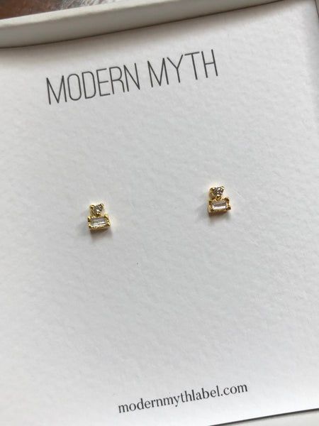 Double Diamond Stud Earrings, Solid 14k Gold, Single / Pair
