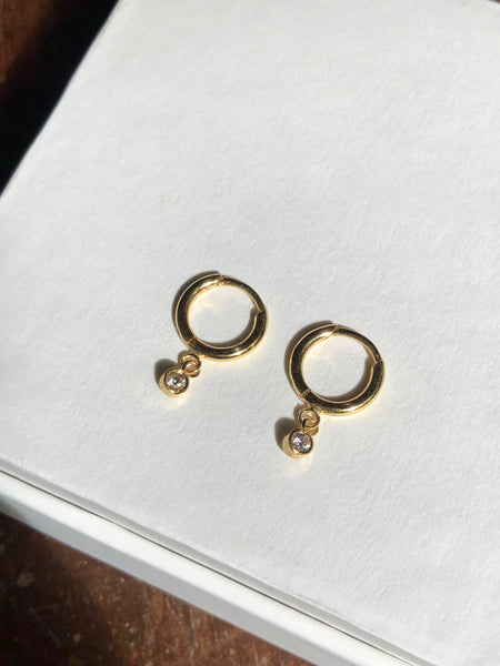 Small Hoop Earrings with Hanging Diamonds, Solid 14k Gold, Single / Pair