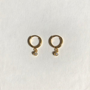 Small Hoop Earrings with Hanging Diamonds, Solid 14k Gold, Single / Pair