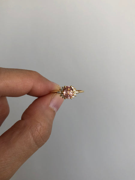 Ring with Oval Padparadscha Sapphire (certified, 1.12 ct) and Cluster of Diamonds, Solid 14k Gold | ONE-OF-A-KIND