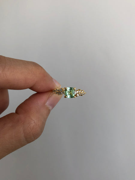 Ring with Cushion Cut Mint Green Tourmaline (0.95 ct) and Cluster of Diamonds, Solid 14k Gold | ONE-OF-A-KIND