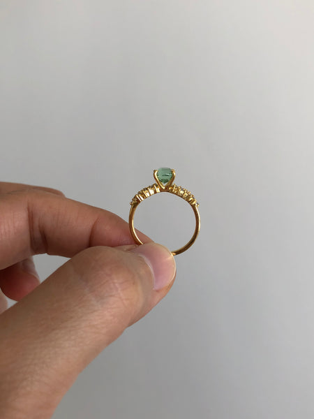 Ring with Cushion Cut Mint Green Tourmaline (0.95 ct) and Cluster of Diamonds, Solid 14k Gold | ONE-OF-A-KIND