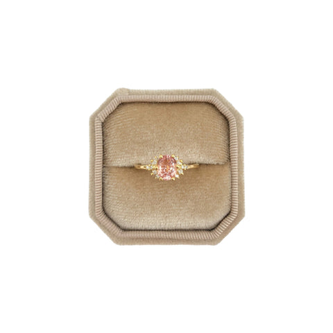 Ring with Oval Padparadscha Sapphire (certified, 1.12 ct) and Cluster of Diamonds, Solid 14k Gold | ONE-OF-A-KIND