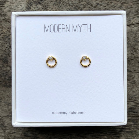 Circle & Diamond Stud Earrings, Solid 14k Gold