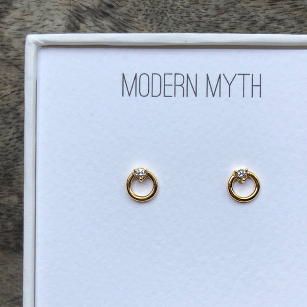 Circle & Diamond Stud Earrings, Solid 14k Gold